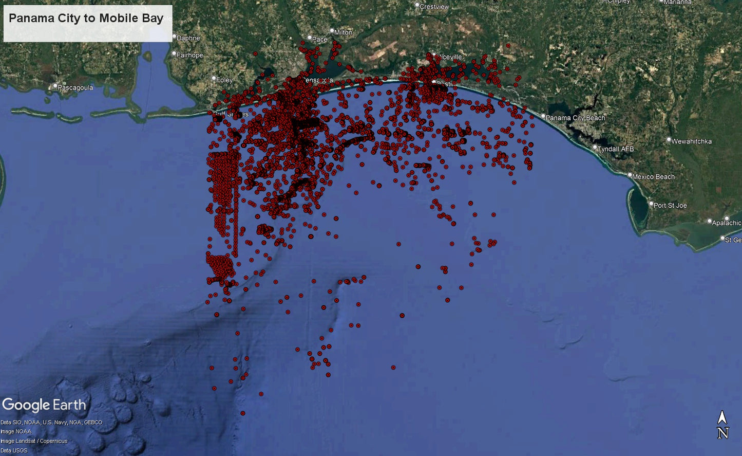 Panama City to Mobile Bay Offshore Hot Spots Fishing Map