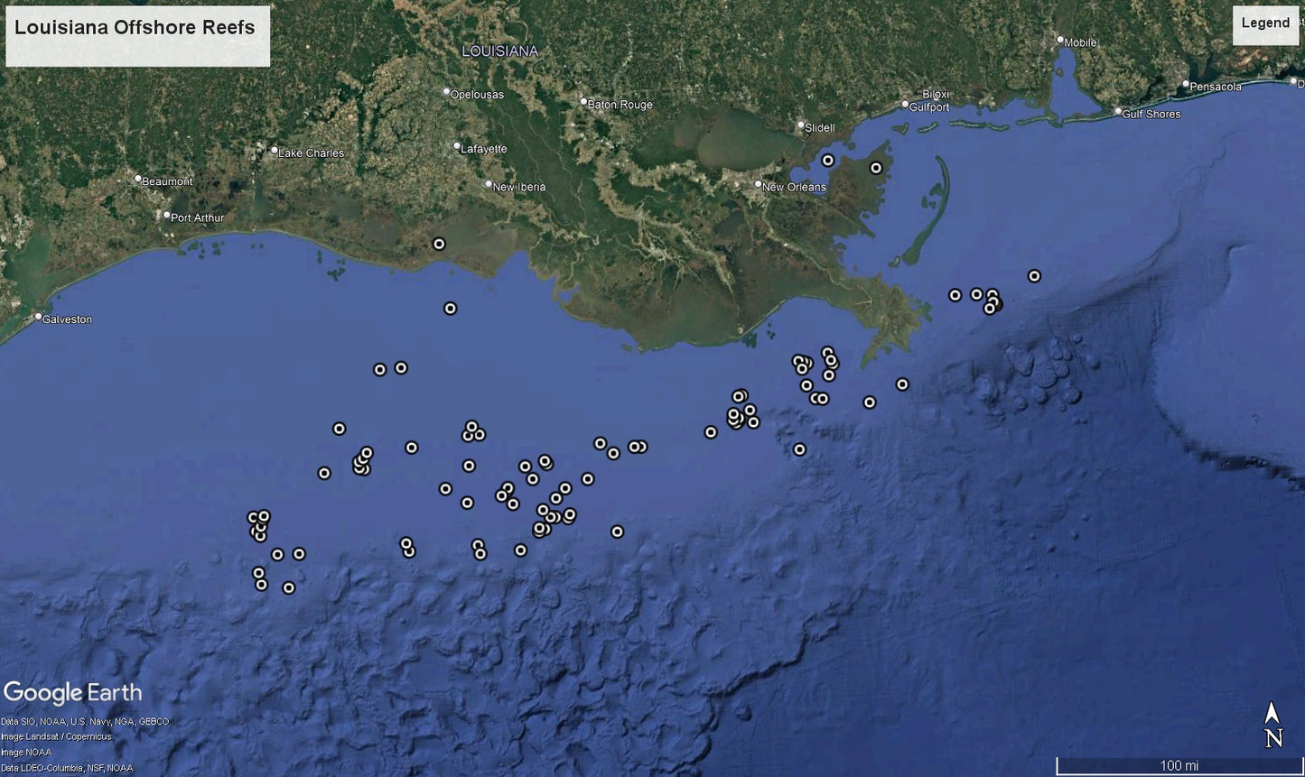 Louisiana Offshore Reefs Hotspots Fishing Map