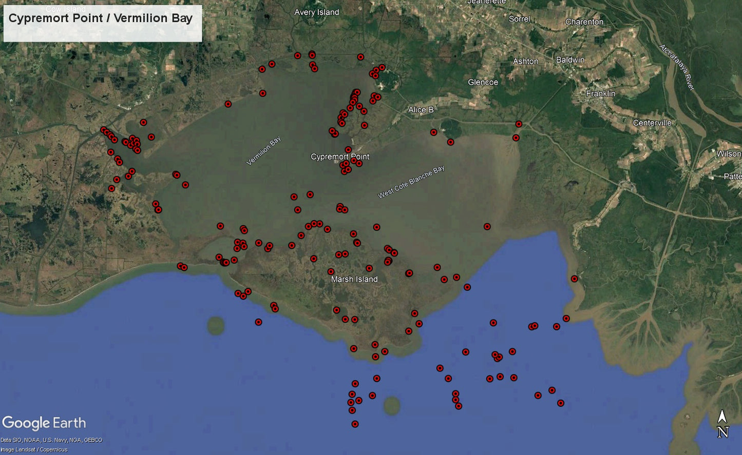 Cypremort Point (Vermilion Bay) Hot Spots Fishing Map