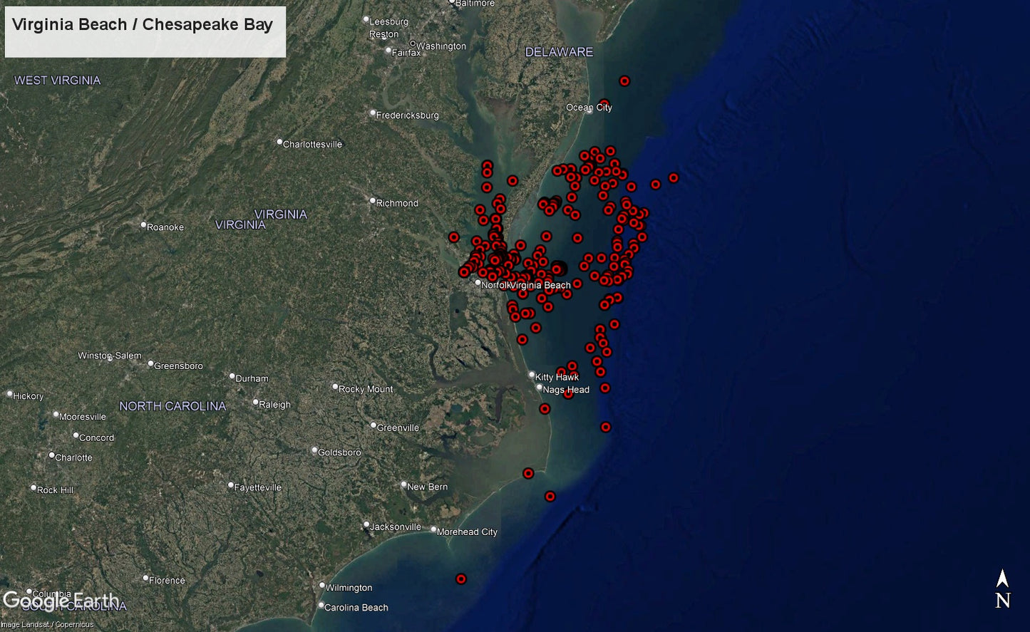 Virginia Beach and Offshore Hot Spots Fishing Map