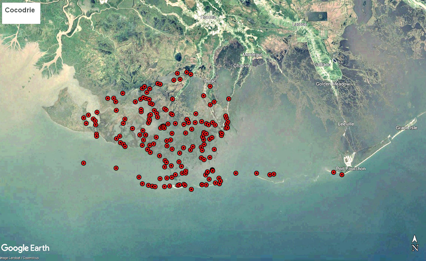 Cocodrie ~ Dulac ~ Dularge Inshore Hot Spots Fishing Map