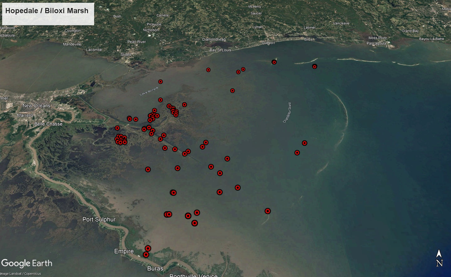 Hopedale - Biloxi Marsh Hot Spots Fishing Map