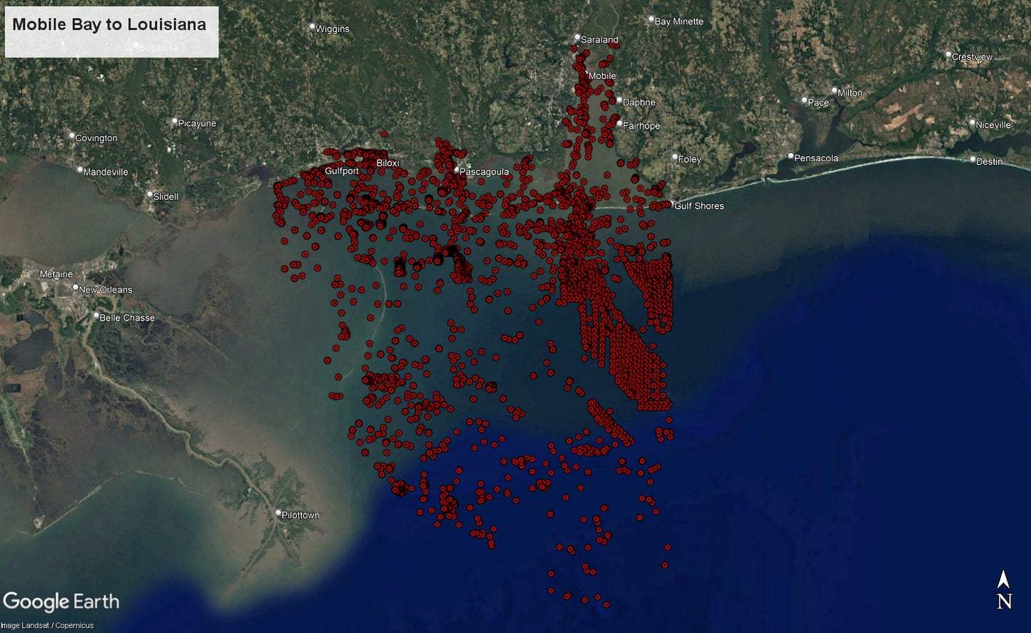 Mobile Bay to Louisiana Hot Spots Fishing Map