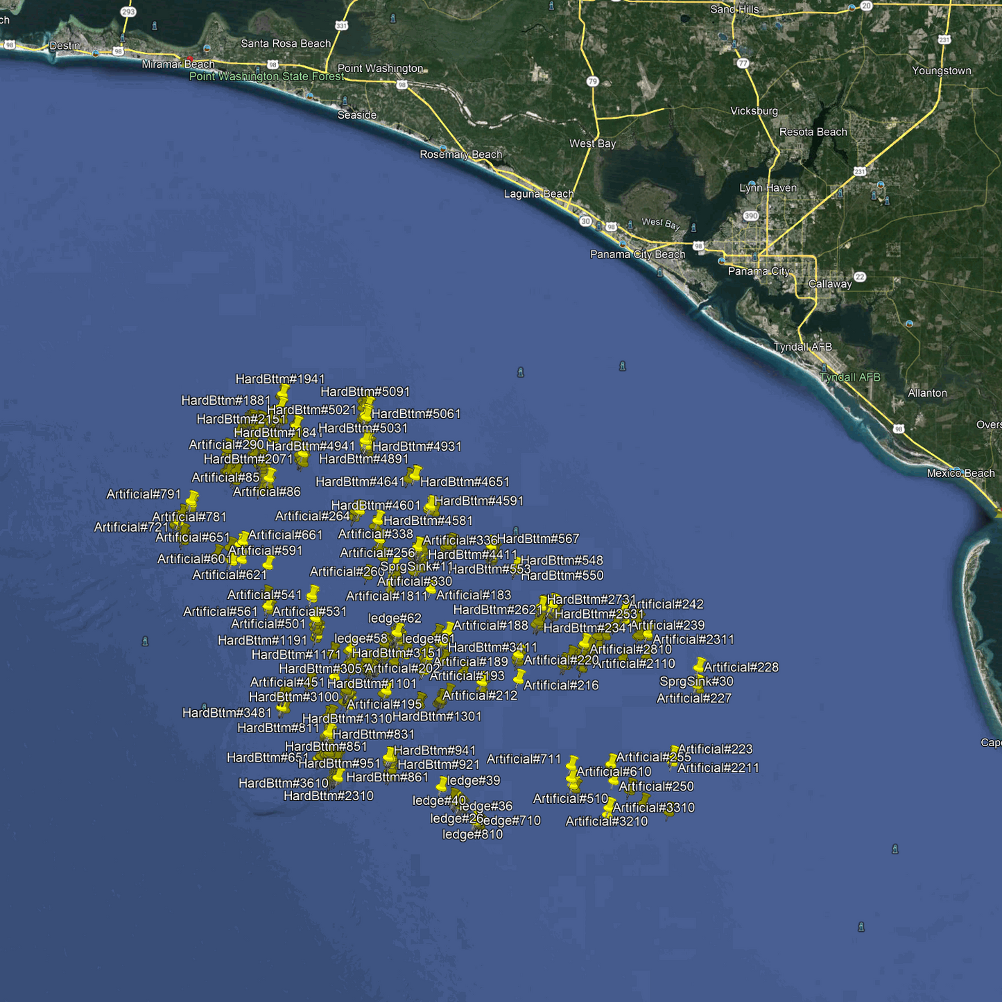 Panama City Beach Fishing Spots - Offshore Numbers