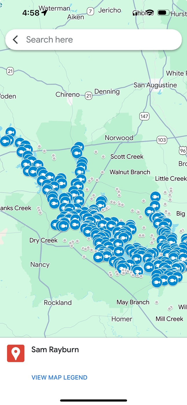 Sam Rayburn Hot Spots Fishing Map