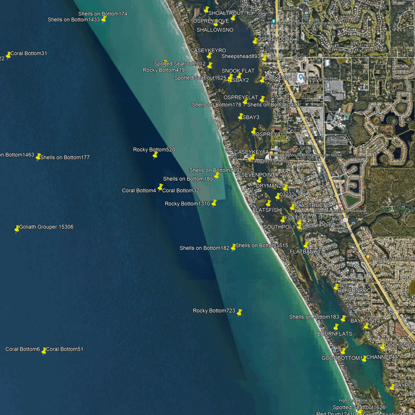 Venice. Florida Fishing Spots - Nearshore Numbers