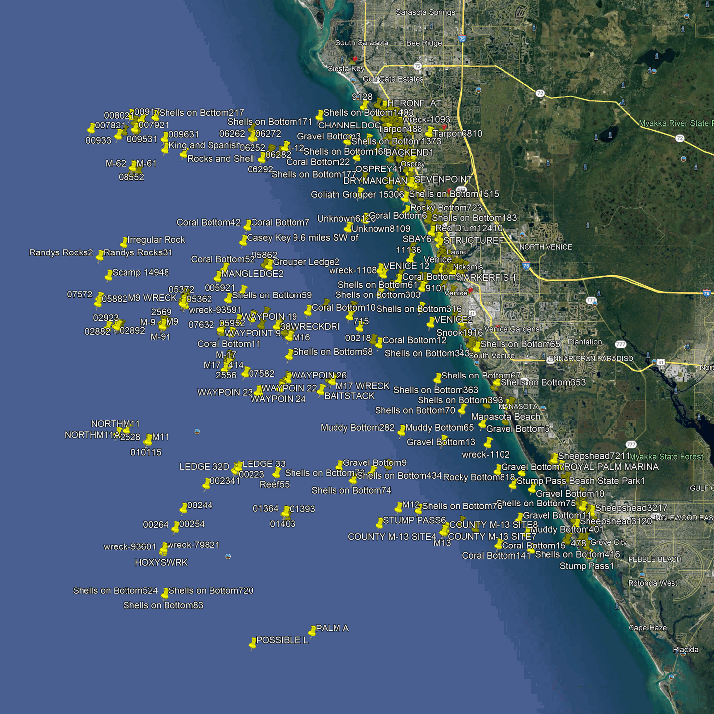 Venice. Florida Fishing Spots - Nearshore Numbers